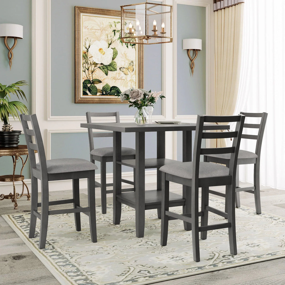 5 Piece Wooden Counter Height Dining Set With Padded Chairs, Storage Shelving - Furniture Home Direct
