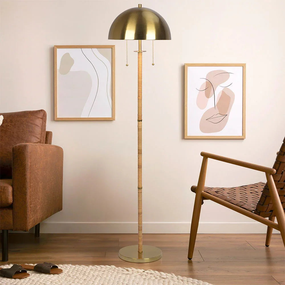 Allure - 2 Light Floor Lamp, Gold, Natural Tube, Double On / Off Pull Chain - Gold / Rattan - Furniture Home Direct