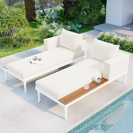 Outdoor Chaise Lounge Modern Cushions Wood Tray Beige - Furniture Home Direct