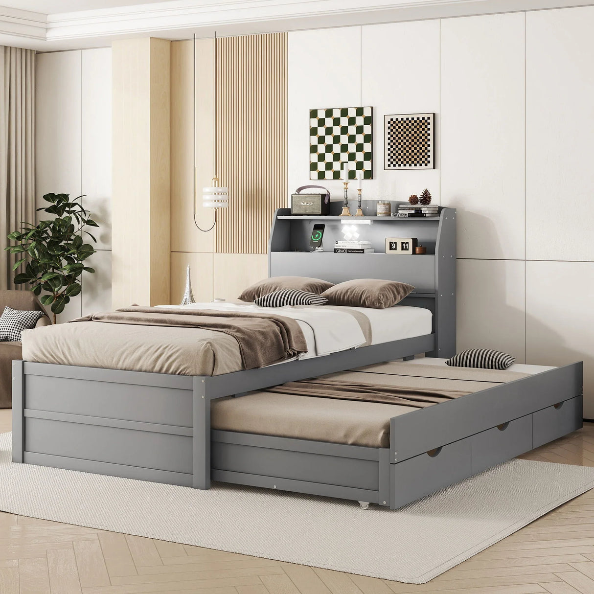 LED Platform Bed With Trundle With Storage Headboard With Drawers - Furniture Home Direct