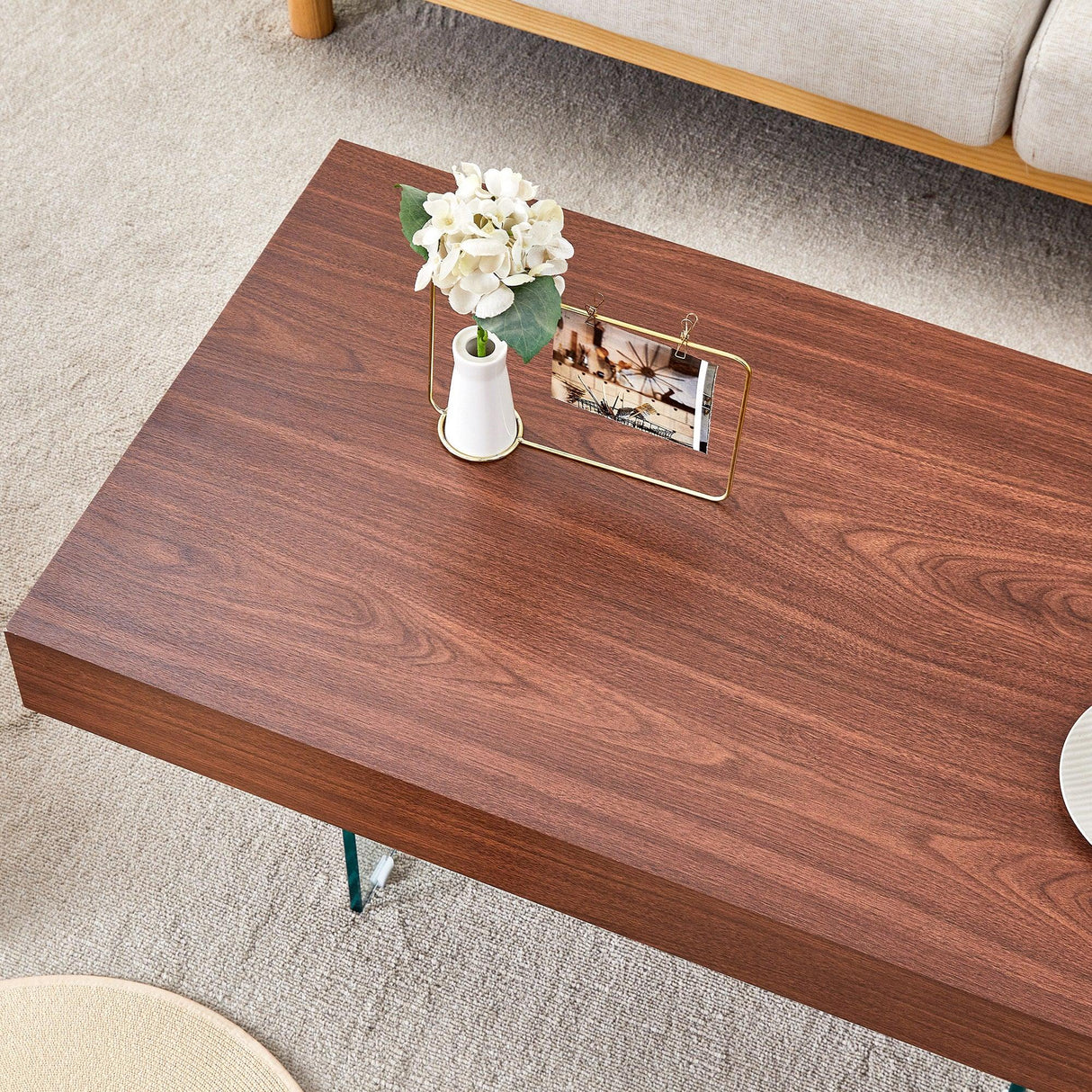 Coffee Table Faux Wood Top Glass Legs Modern Walnut - Furniture Home Direct