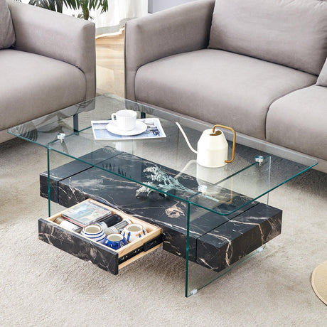 Coffee Table Two-Tier Glass With Solid Marble Base Black - Furniture Home Direct
