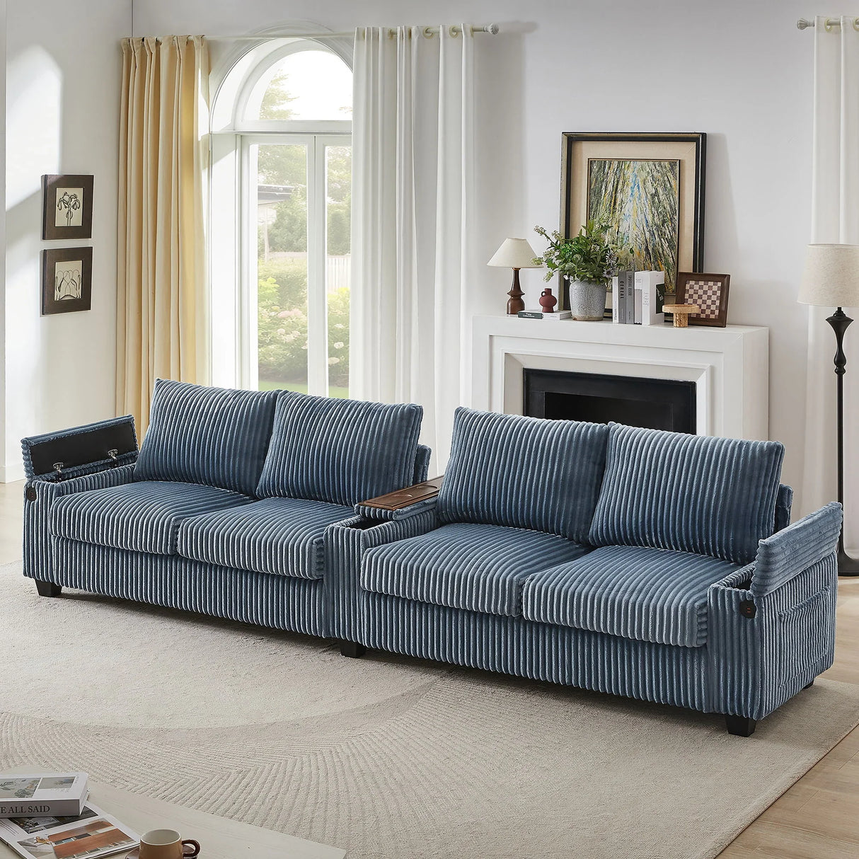Modern 4 Seater Corduroy Sofa Couch With USB Ports And Hidden Storage - Furniture Home Direct