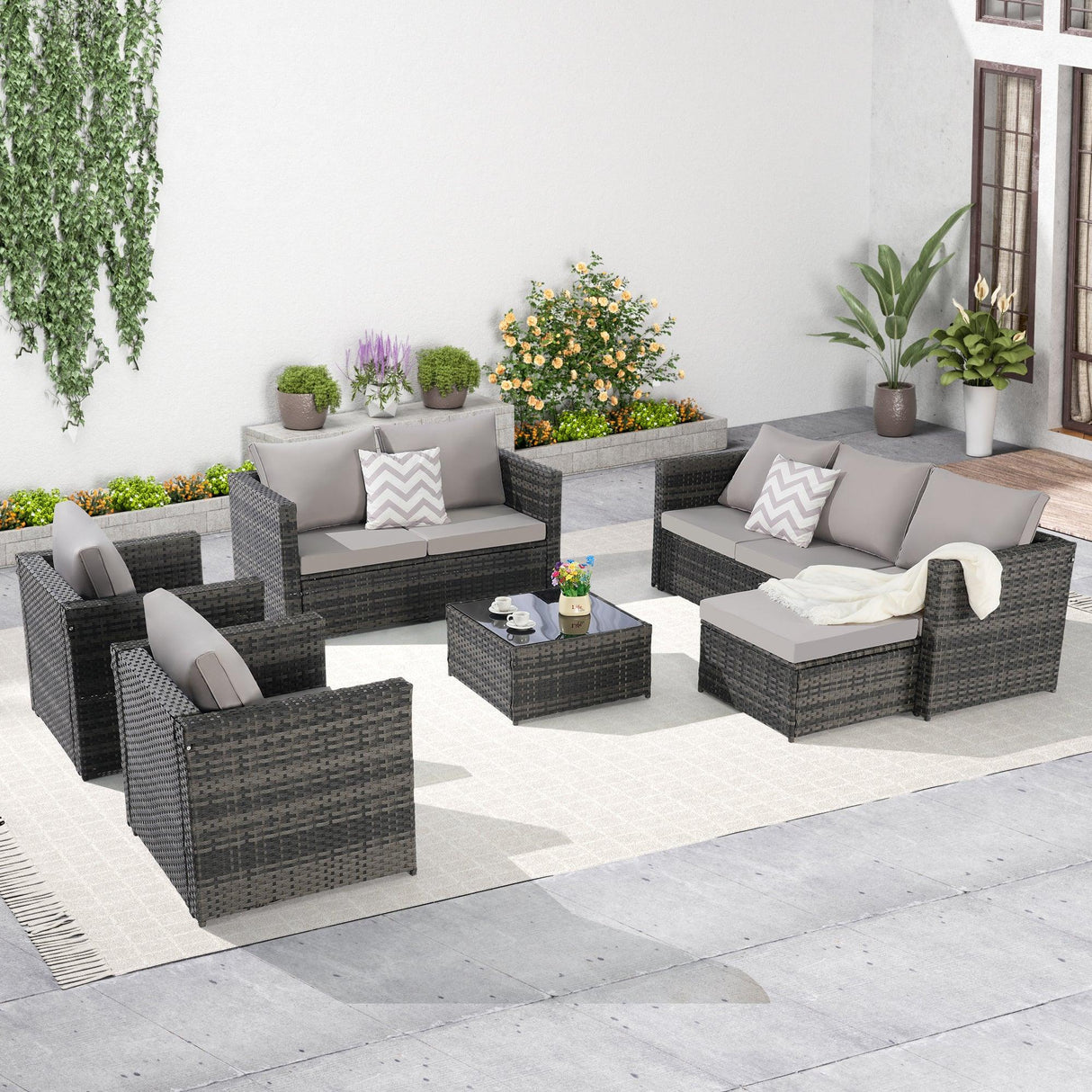 6 Piece Wicker Patio Set With Glass Table - Furniture Home Direct