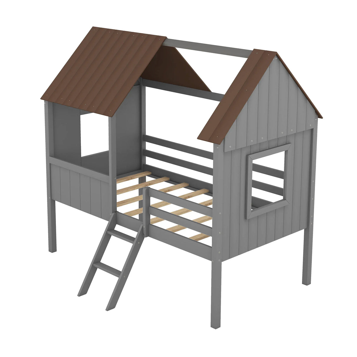 Twin Size Low Loft House Bed With Two Side Windows - Gray / Brown - Furniture Home Direct