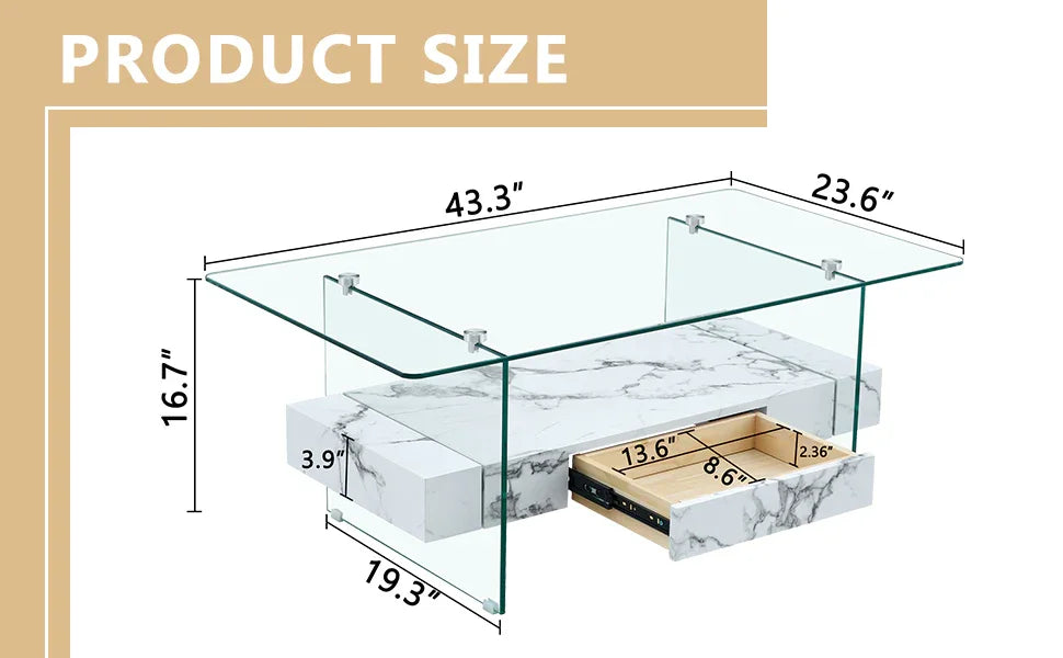 Coffee Table Glass Top Marble Base Modern Style White - Furniture Home Direct