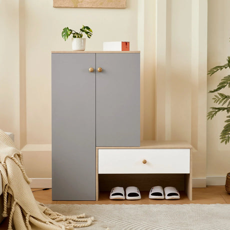 Modern Multi Functional Shoe Storage Bench & Cabinets With Adjustable Shelves - Gray / Natural Wood / White - Furniture Home Direct