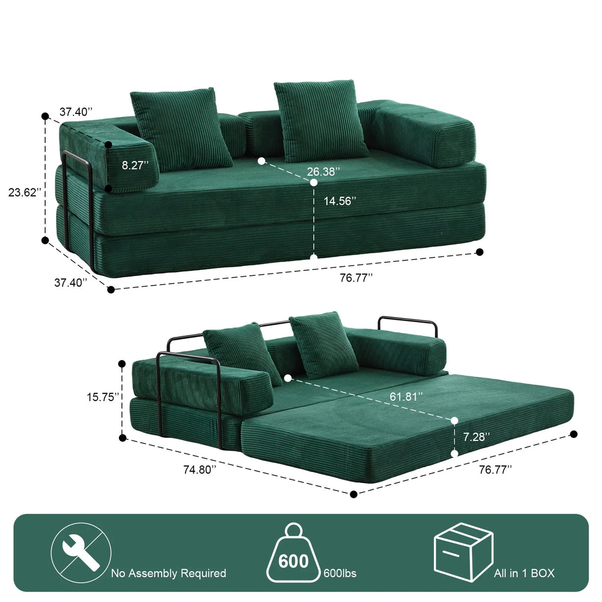 Floor Couch, Convertible Floor Sofa Bed With Pillow Back Support Armrest - Furniture Home Direct