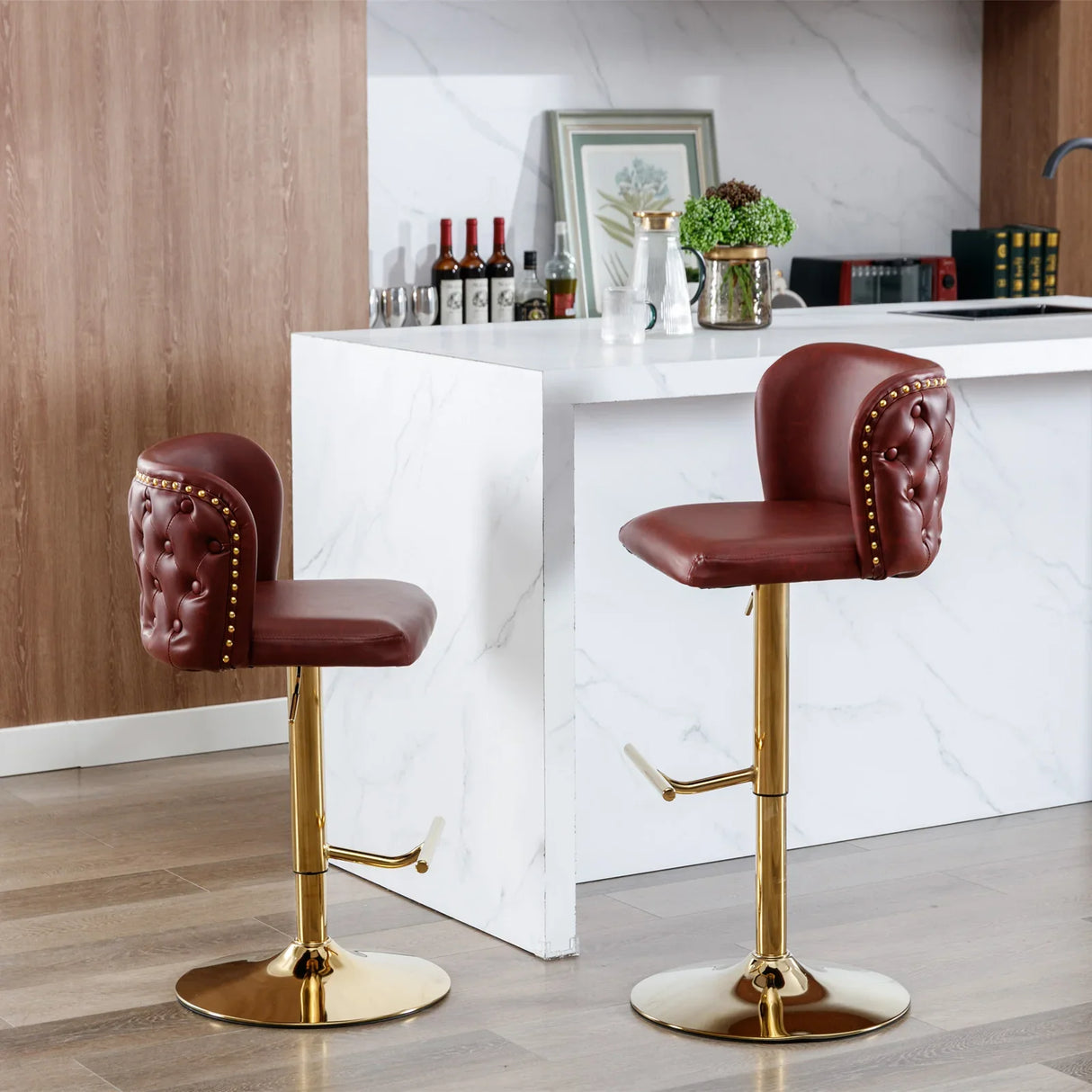 Counter Height Bar Stool Tufted Leather Swivel Burgundy - Furniture Home Direct