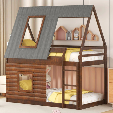Wood Twin Size House Bunk Bed With Roof, Ladder And 2 Windows - Oak & Smoky Gray - Furniture Home Direct