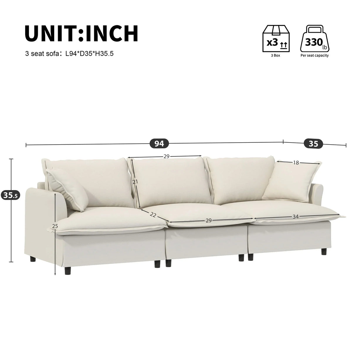 3 Seat Sofa Module For Modular Sectional Wide Seat Cloud Couch With Throw Pillows Upholstered - Furniture Home Direct