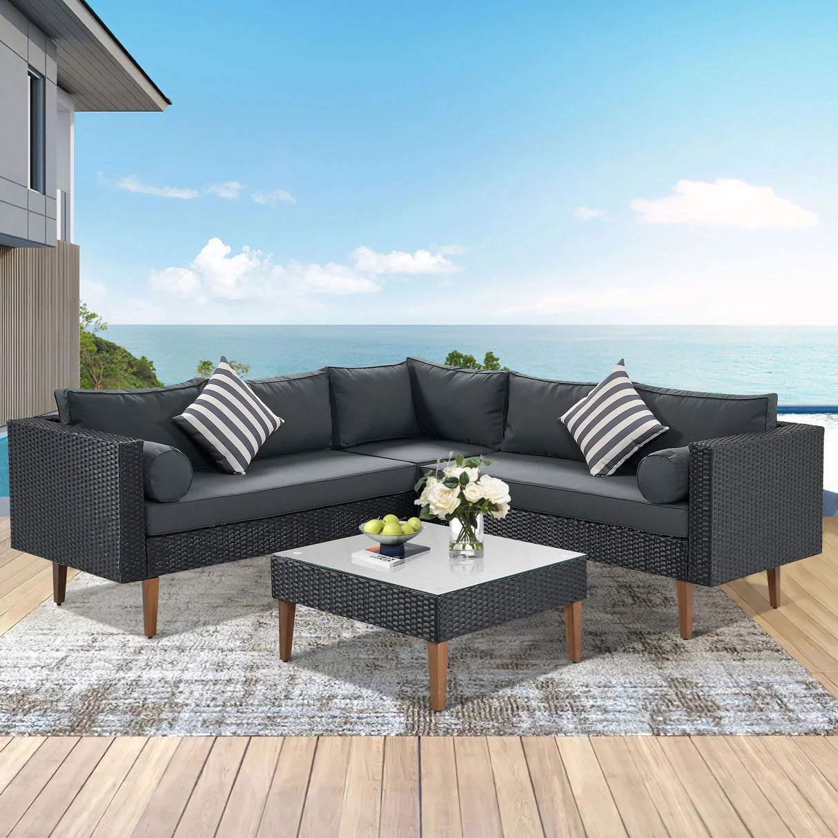 4 Pieces Outdoor Wicker L-Shape Sofa Set - Furniture Home Direct