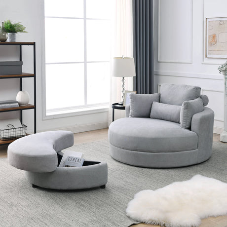 Linen Barrel Swivel Chair With Storage Ottoman - Furniture Home Direct