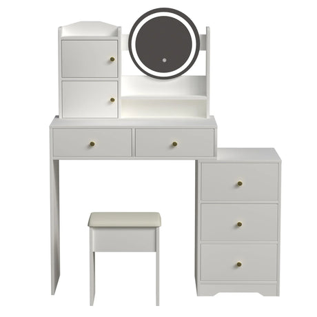 Fashion Vanity Desk With Mirror And Lights For Makeup And Cushioned Chair, Adjustable 3 Color Lighting - White - Furniture Home Direct