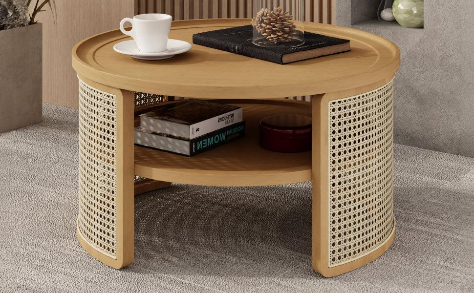 Round Coffee Table With Storage Caned Sides Natural - Furniture Home Direct