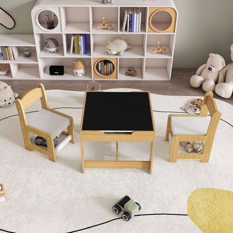 3 In 1 Kids Study Table & Chairs Set Multi Functional Activity Table With Detachable Blackboard Top - Natural Wood - Furniture Home Direct