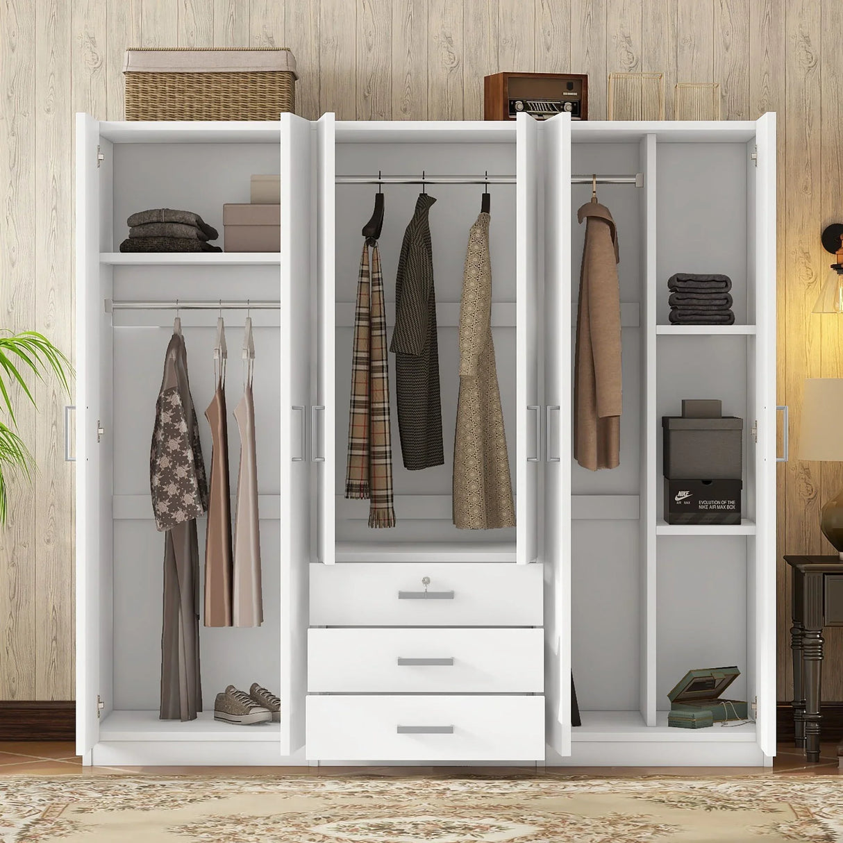 6 Doors Wardrobe Storage For Bedroom, With Big Drawers - Furniture Home Direct