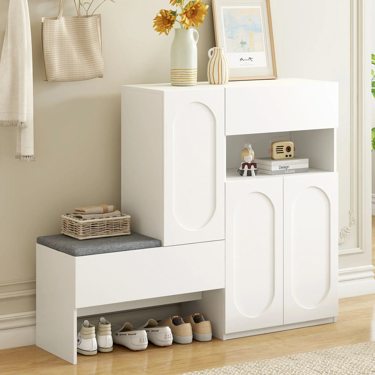 Elegant 2 In 1 Shoe Cabinets With Soft Cushion Versatile Shoe Rack Organizer With Adjustable Shelves - Furniture Home Direct