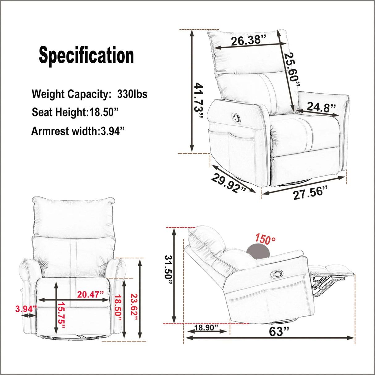 360° Modern Small Rocking Swivel Recliner Chair With Side Pocket - Furniture Home Direct