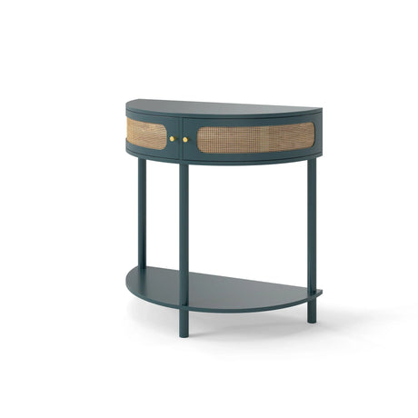 Boho Rattan Semi Circle End Table With Sliding Rattan Door, Storage And Bottom Shelf - Furniture Home Direct