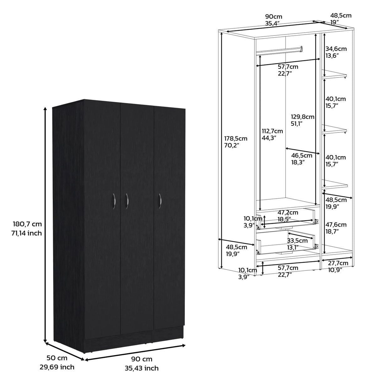Wardrobe Armoire With 3 Doors And 2 Inner Drawers, 3 Doors - Black - Furniture Home Direct