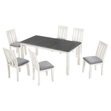 Retro Style 7 Piece Dining Table Set With Extendable Table And 6 Upholstered Chairs - Gray / White - Furniture Home Direct