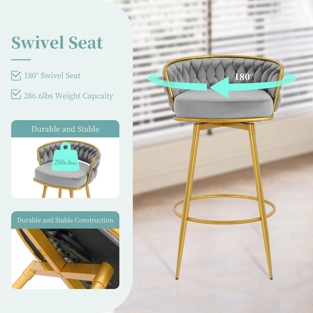 Bar Stools Set Of 2 Swivel Counter Height Gold Frame Grey - Furniture Home Direct
