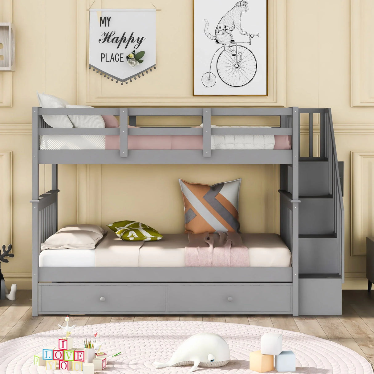 Stairway Bunk Bed With Storage And Guard Rail For Bedroom - Furniture Home Direct