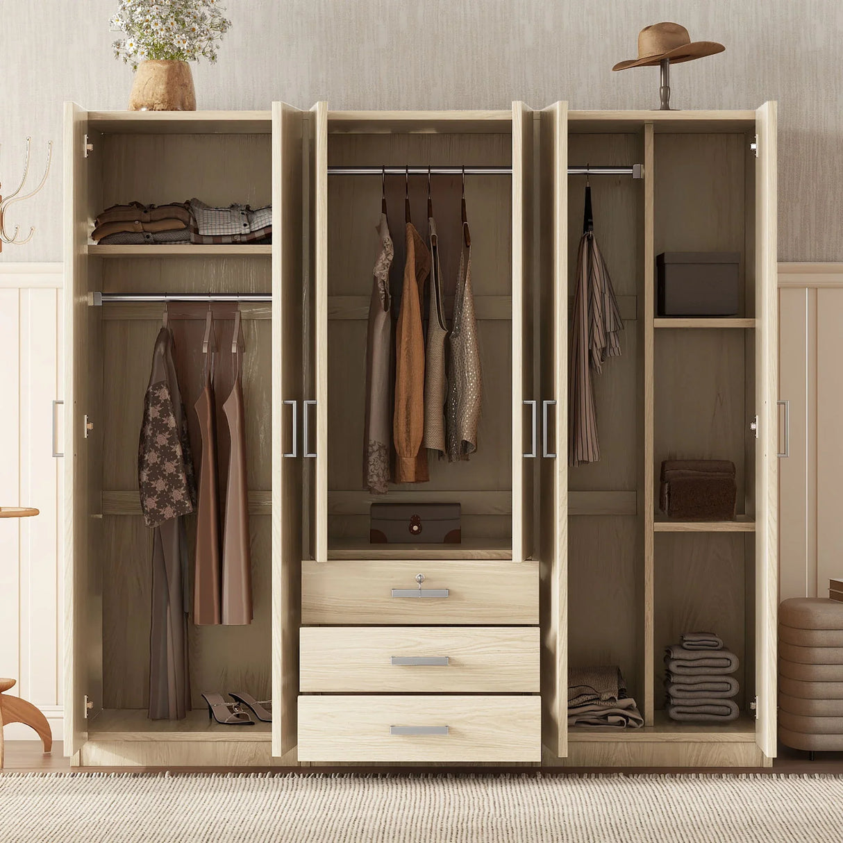 6 Doors Wardrobe Storage For Bedroom, With Big Drawers - Furniture Home Direct