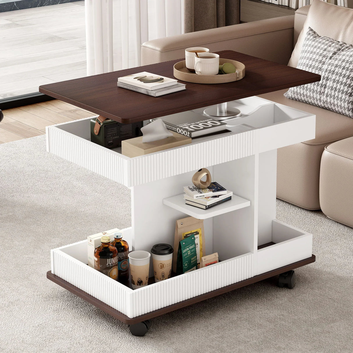 Adjustable End Table With Wheels, 360°Rotating Top And Storage Space - Furniture Home Direct