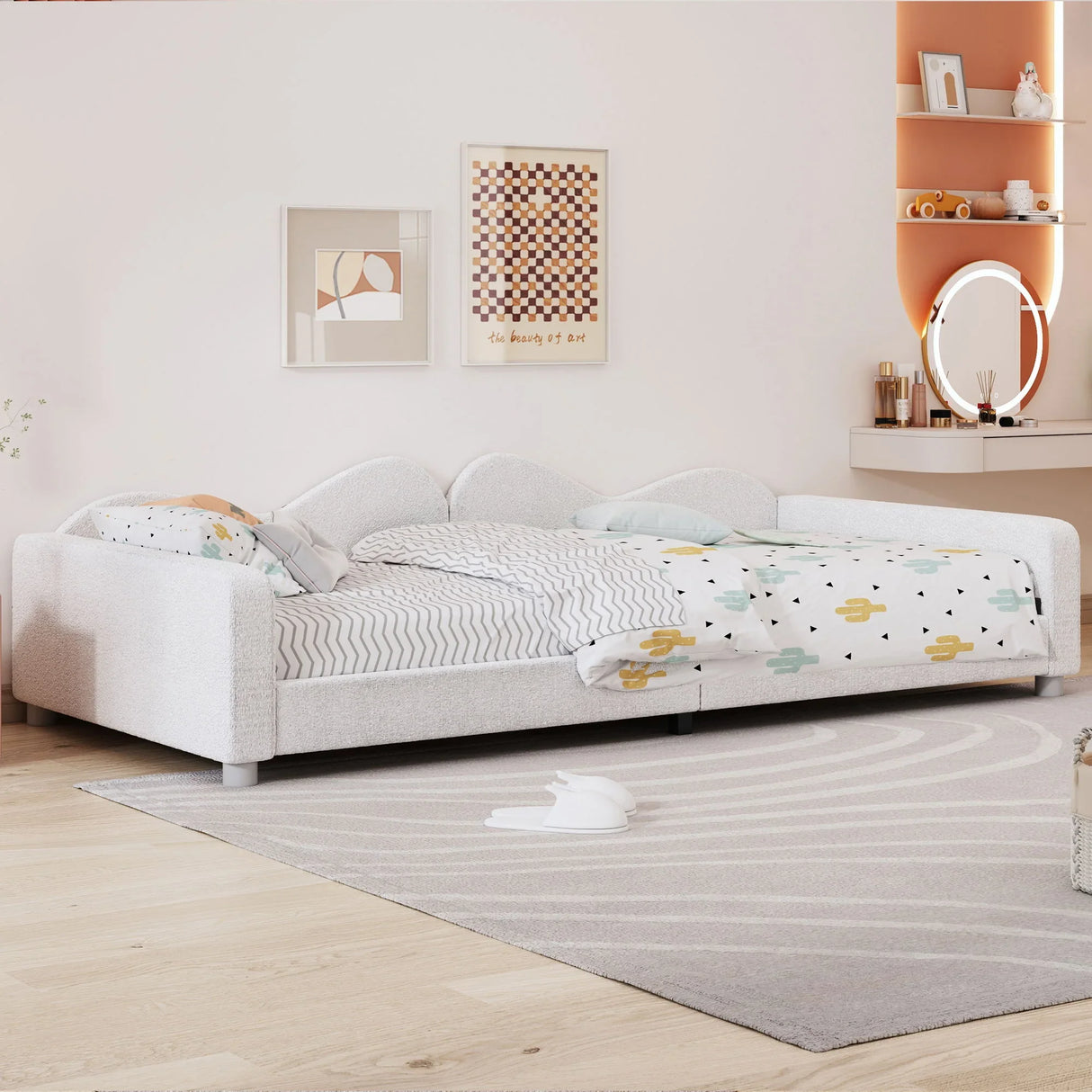 Upholstered Daybed, Sherpa Fabric Sofabed With Cloud-Shaped Backrest - Furniture Home Direct