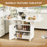Versatile Marble Folding Dining Table With Storage Rack And Cabinet, 6 Wheels - White