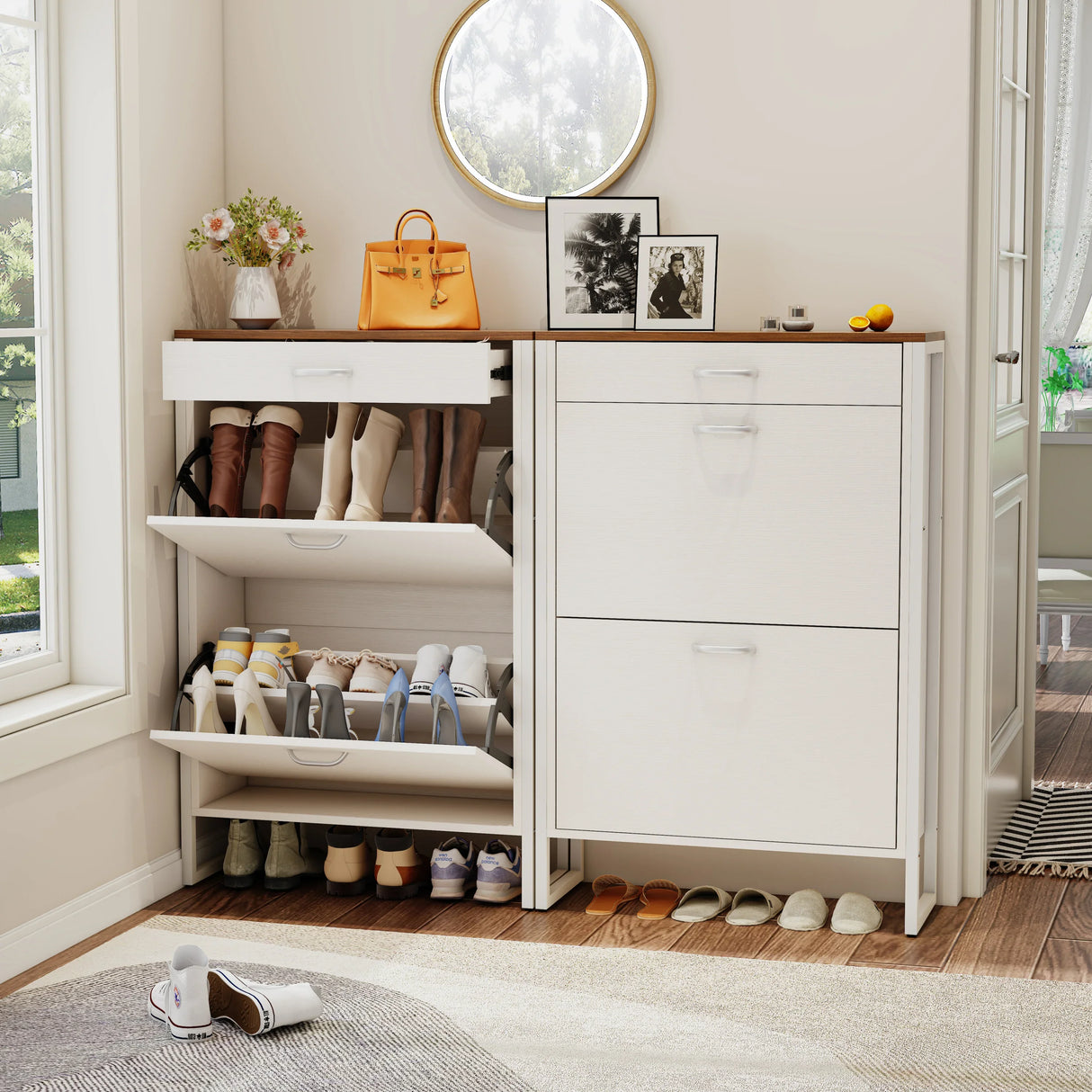 Slim Shoe Cabinet with 2 Flip Drawers - white and Walnut - Furniture Home Direct