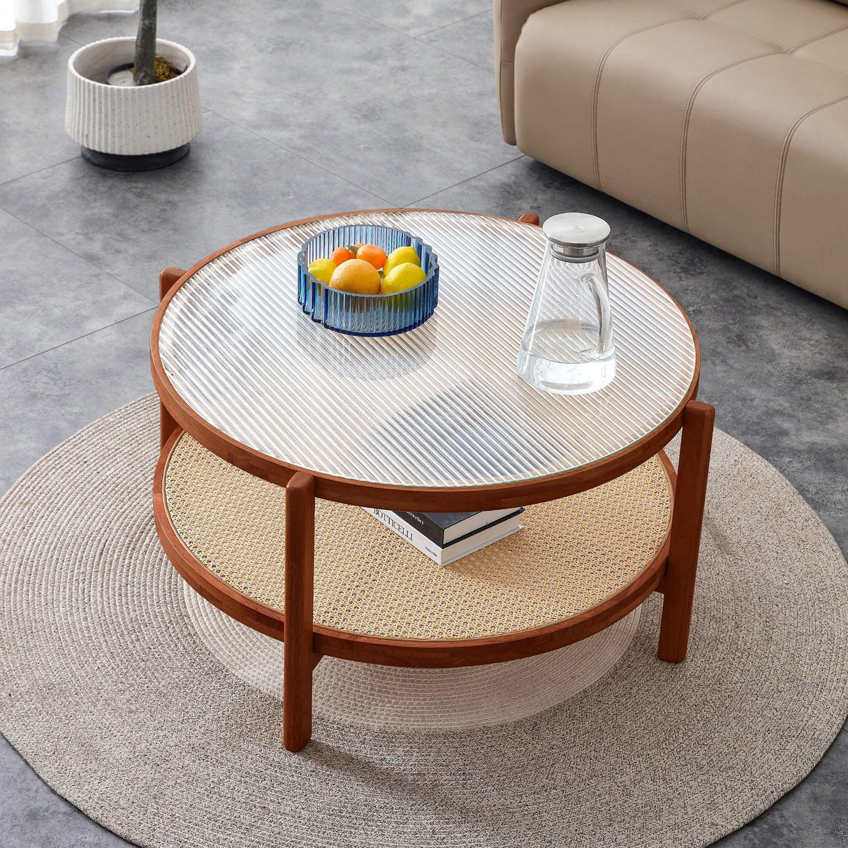 Modern Style Circular Double Layer Tea Table With Rattan Weave - Furniture Home Direct