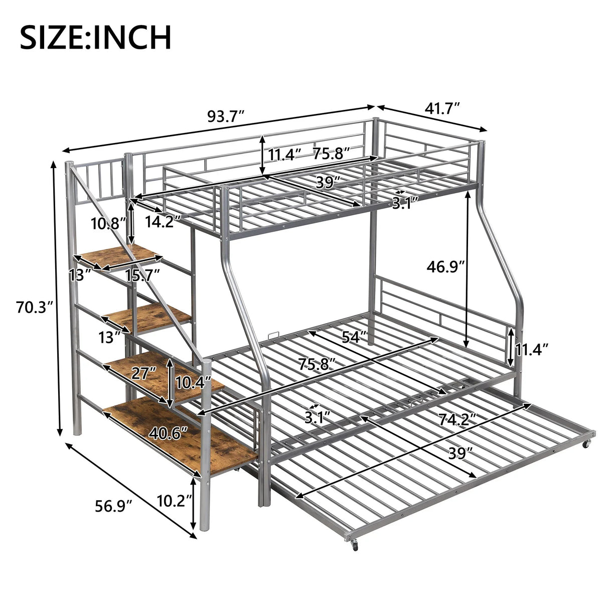 Metal Bunk Bed With Trundle And Storage Staircase - Furniture Home Direct