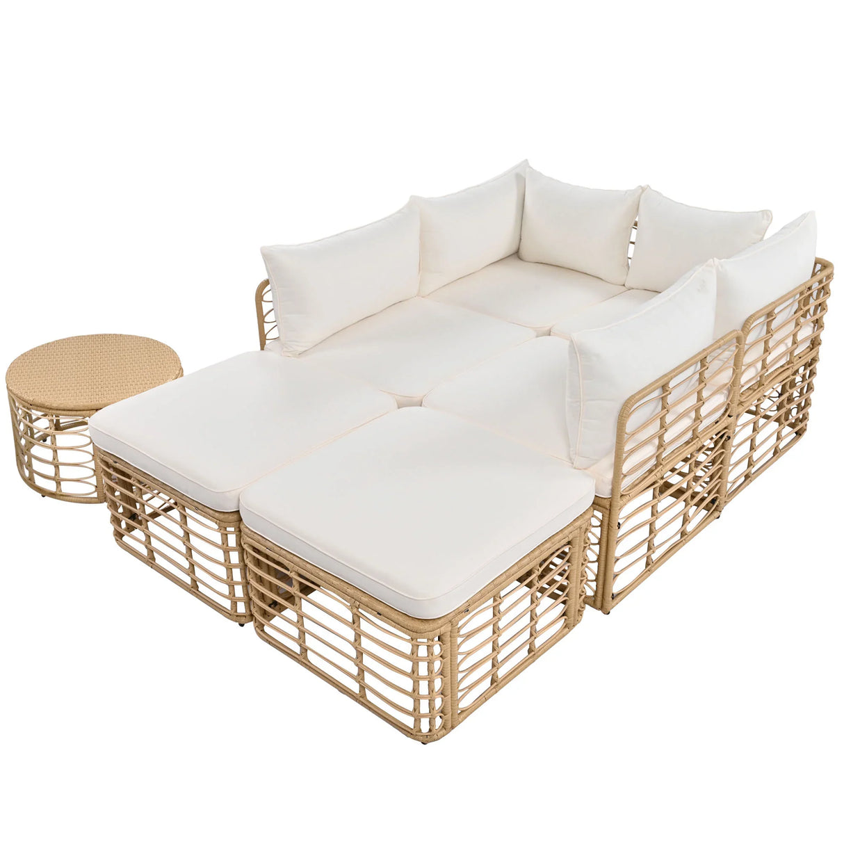 7 Piece Outdoor Patio All-Weather Rattan Sectional Sofa Set With Thick Cushions And Pillows - Beige - Furniture Home Direct