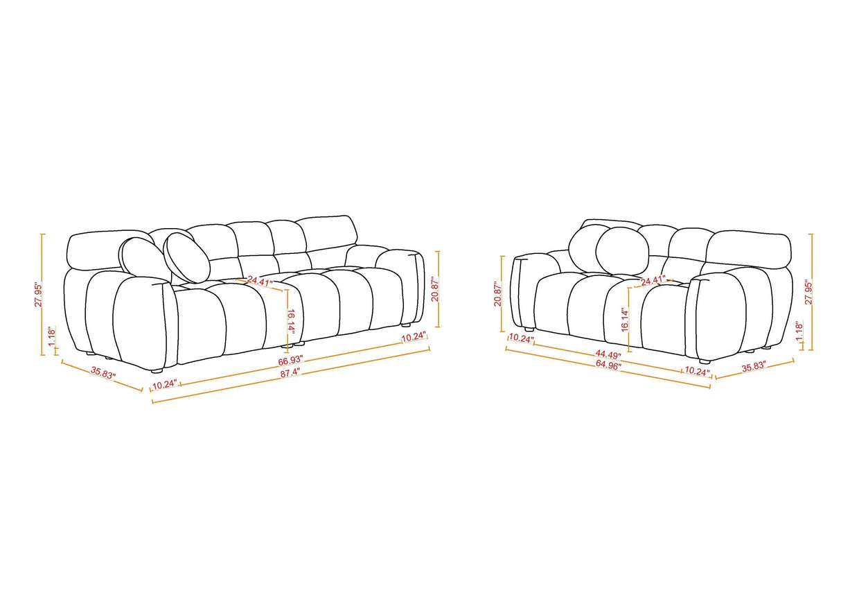 Marshmallow 2 PC Living Room Set (Sofa and Love Seat) - Orange - Furniture Home Direct