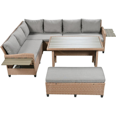 Outdoor Sectional with 2 Extendable Side Tables and Washable Covers - Brown - Furniture Home Direct