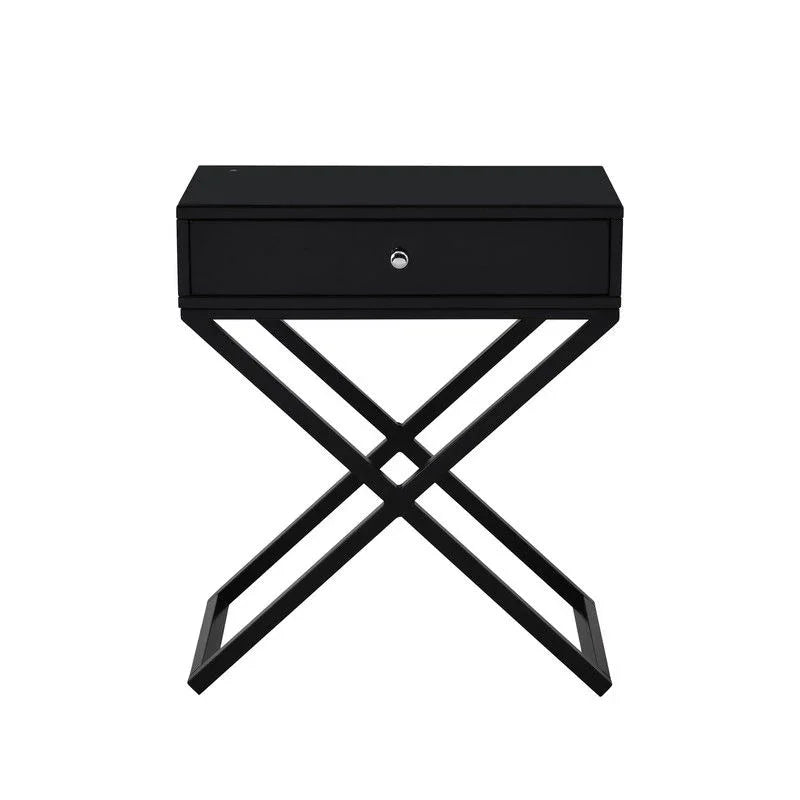 Koda - Wooden End Side Table Nightstand With Glass Top, Drawer And Metal Cross Base - Furniture Home Direct