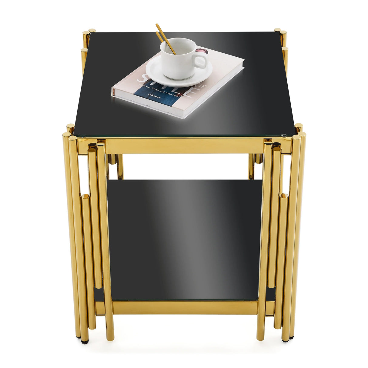 Side Table Polished Black Glass Top Gold Frame Gold - Furniture Home Direct