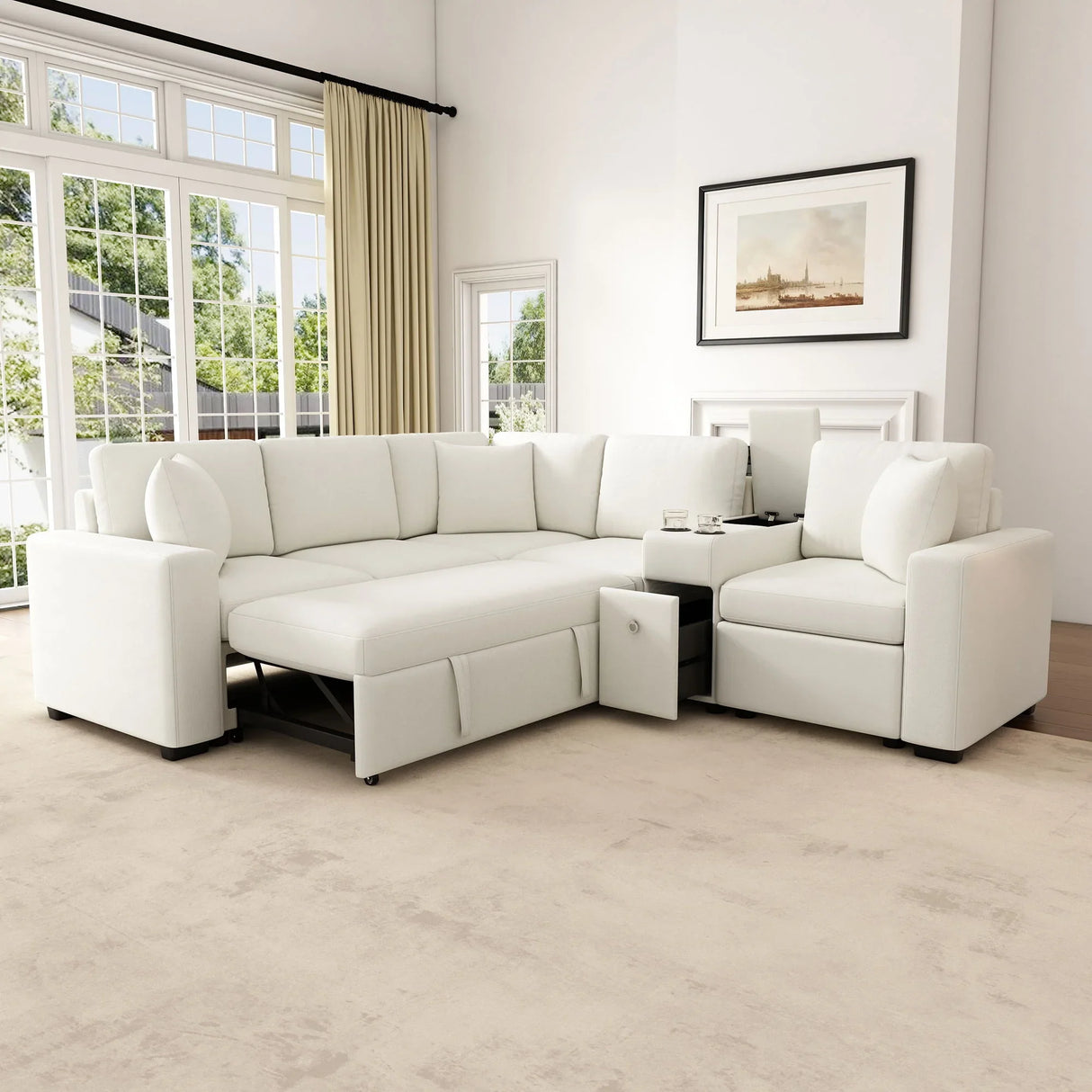 Contemporary L Shaped Convertible Sofa Bed With Pull Out Bed, Cup Holders, And Storage - Furniture Home Direct