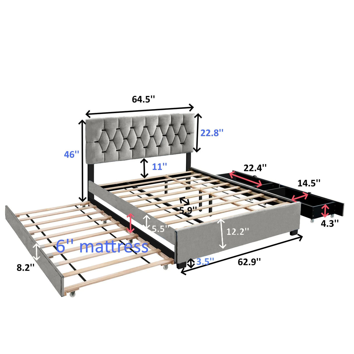 Trundle Pull Out Drawers Storage Upholstered Bed Modern Design No Box Spring Required - Furniture Home Direct