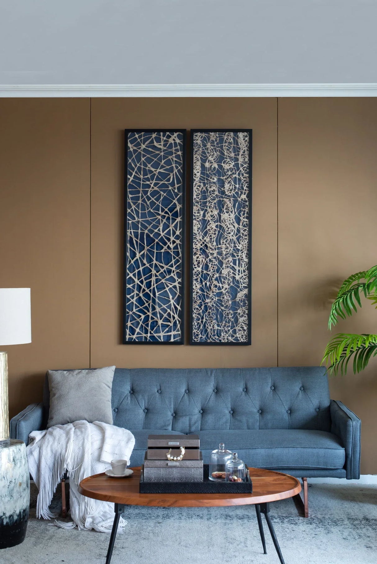 Rectangular Shaped Rice Paper Shadow Box Decor Wall Art, Transitional Style Wall Decor (Set of 2) - White / Blue - Furniture Home Direct