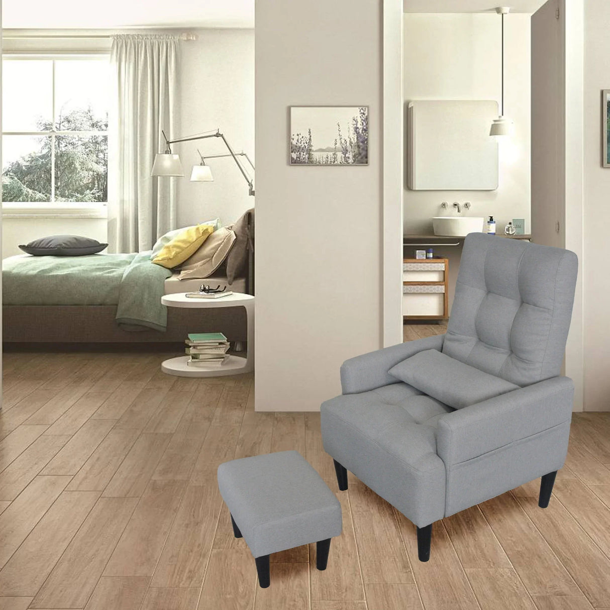 Living Room Sofa Single Chair And Ottoman, Modern Multi-Function Fabric Living Room Sofa Lounge Chair Bed And Stool. Soft Leisure Single Chair Adjustable Into 5 Angles With Sofa Bed - Furniture Home Direct