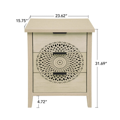 Hollow Carved 3 Drawer Cabinet Dresser Storage Chest With Metal Handles For Living Room Bedroom - Natural - Furniture Home Direct