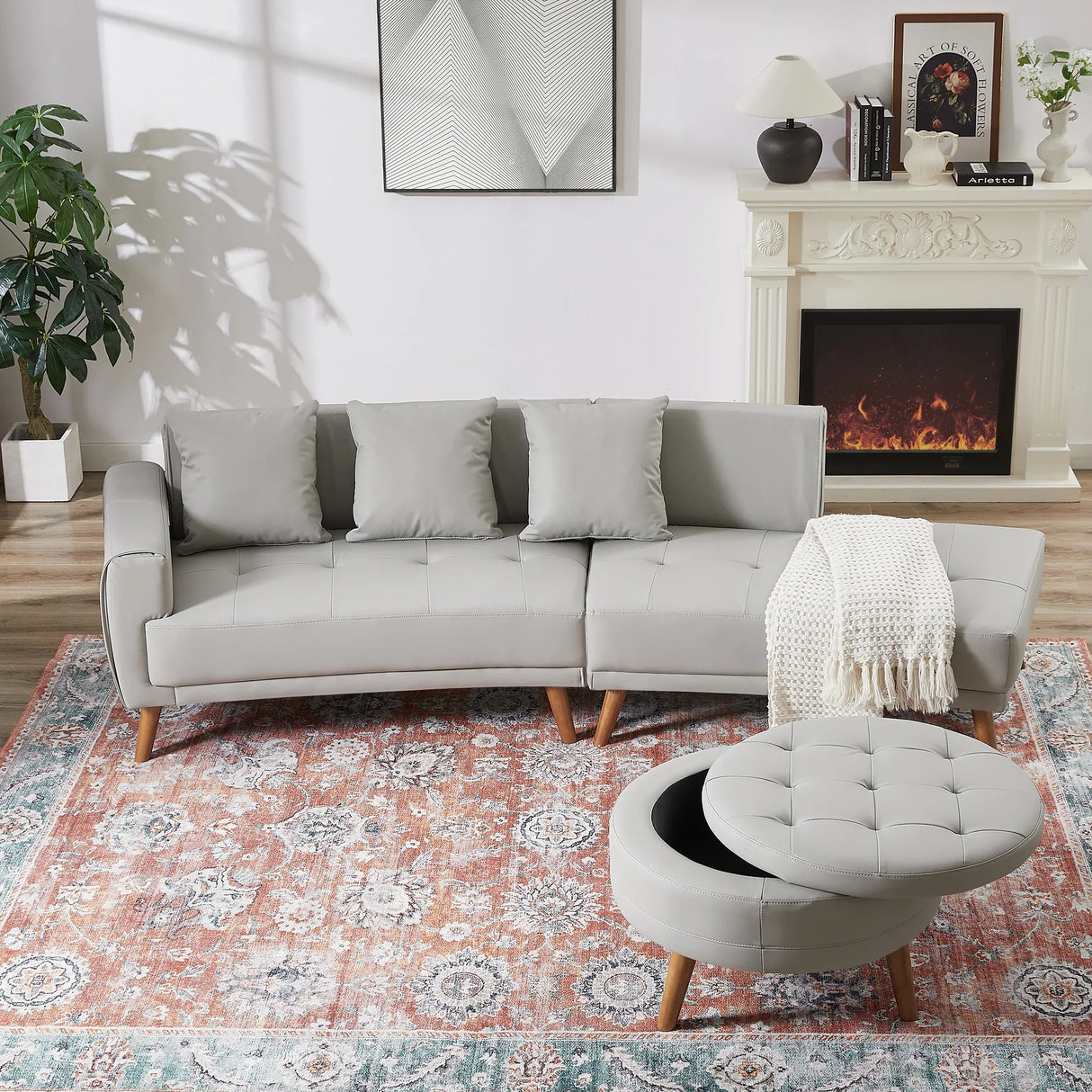 107 Inch Contemporary Sofa With Round Storage Ottoman Grey - Furniture Home Direct