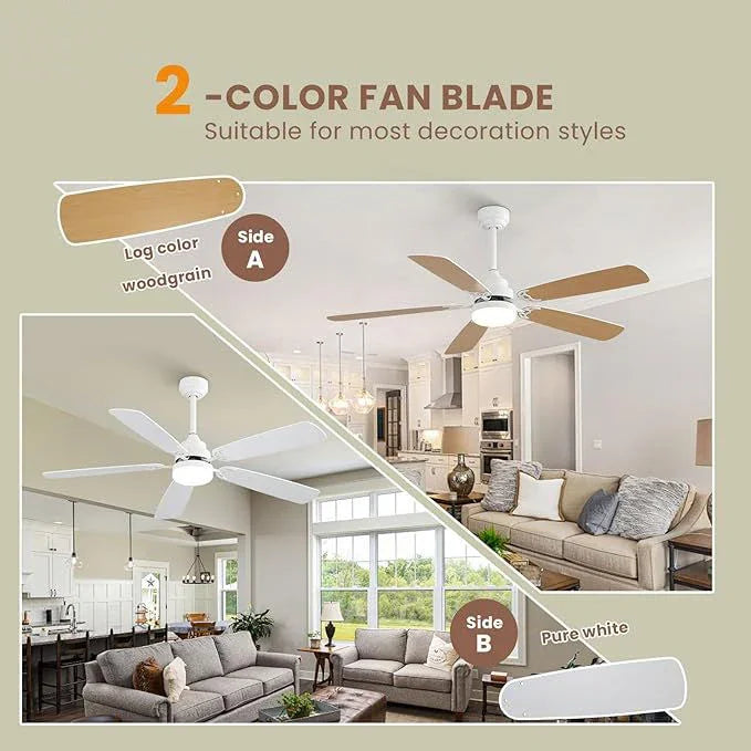 Indoor Modern 52" Ceiling Fan With Dimmable 6 Speed Wind 5 Blades Remote Control Reversible Dc Motor With LED Light - White - Furniture Home Direct