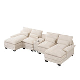 U Shaped Sofa With Console, Cupholders, USB Ports, 6 Seat, Bronzing Suede & Chenille - Furniture Home Direct