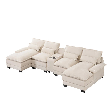 U Shaped Sofa With Console, Cupholders, USB Ports, 6 Seat, Bronzing Suede & Chenille - Furniture Home Direct