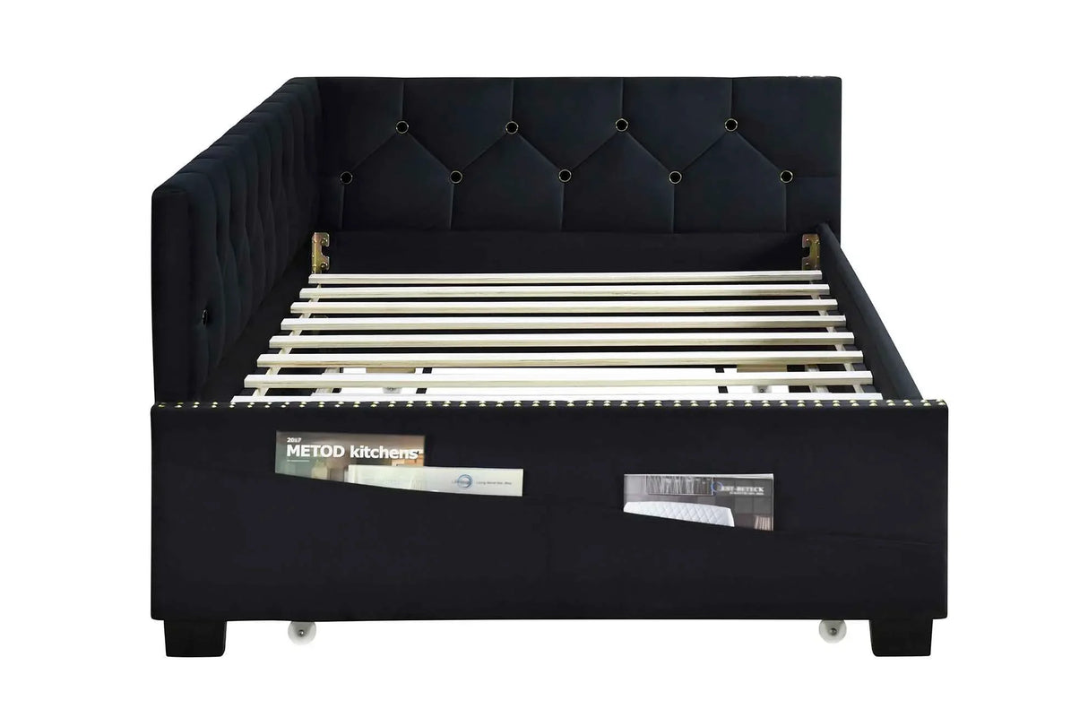 Upholstered Twin Size Daybed Bed Frame (Corner Bed) With Trundle, Velvet Fabric, Studding Design, No Box Spring Required - Furniture Home Direct